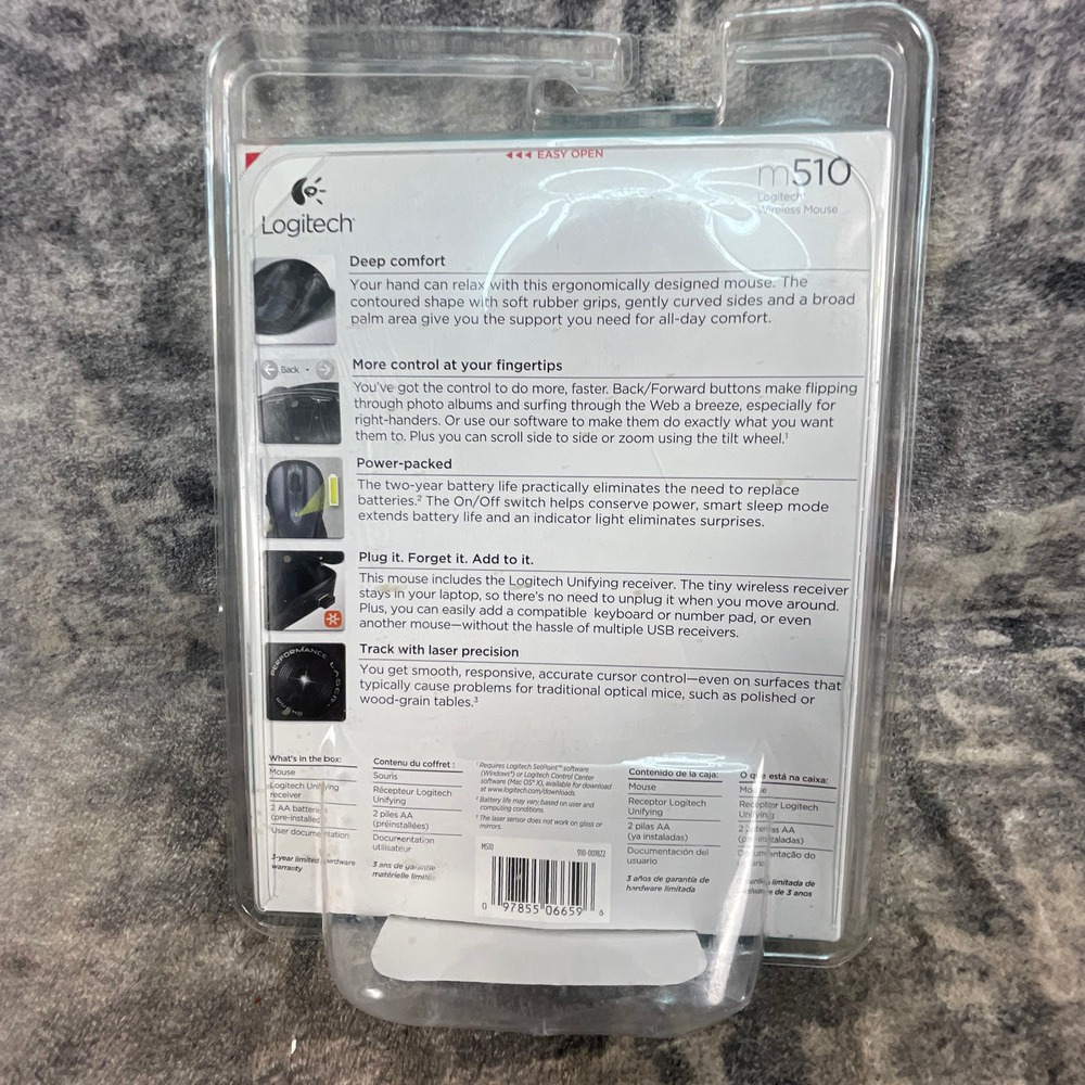 Logitech M510 Wireless Mouse Laser Tracking Full-Size Ergonomic Black New Sealed - Picture 3 of 3